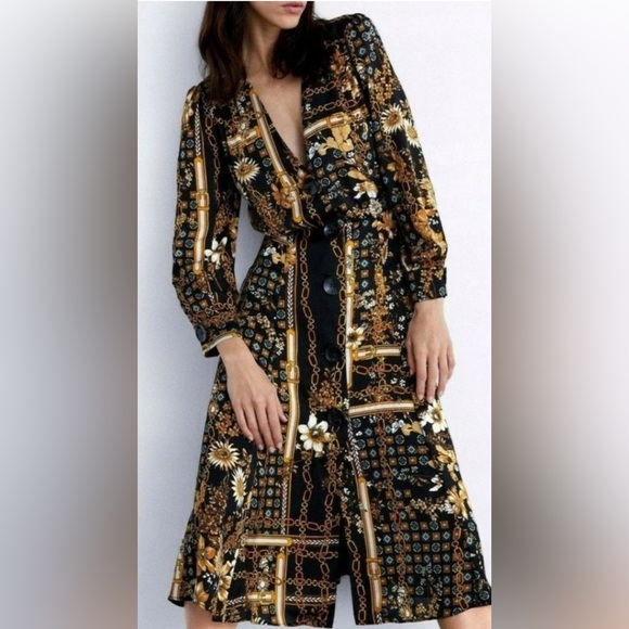 SOLD-Zara Baroque Chain Print Satin Midi Dress Size L - Picture 2 of 6